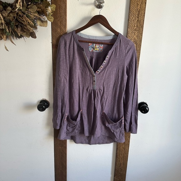 Anthropologie Little Yellow Button Calantha Tee Purple Pocket Long Sleeve Small - Picture 3 of 11
